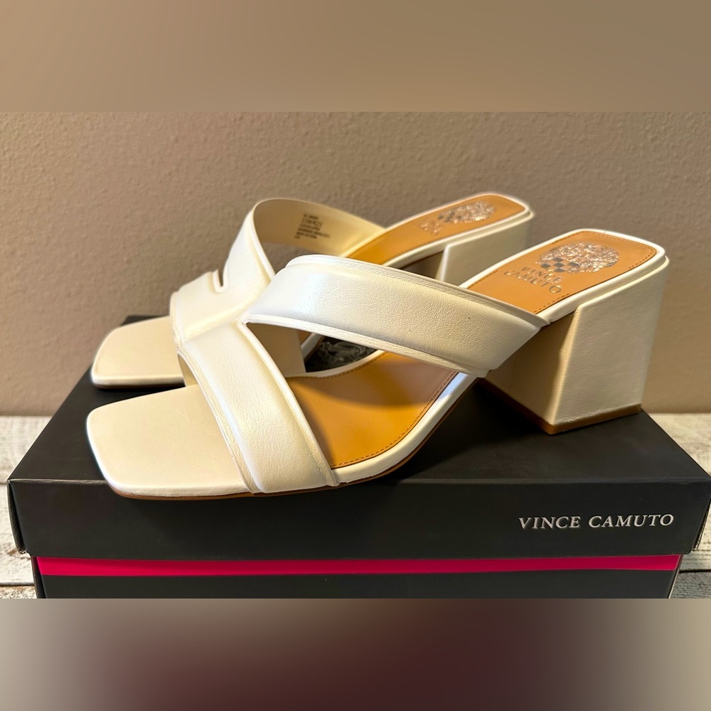 Vince Camuto White Block Heel Slide Sandals